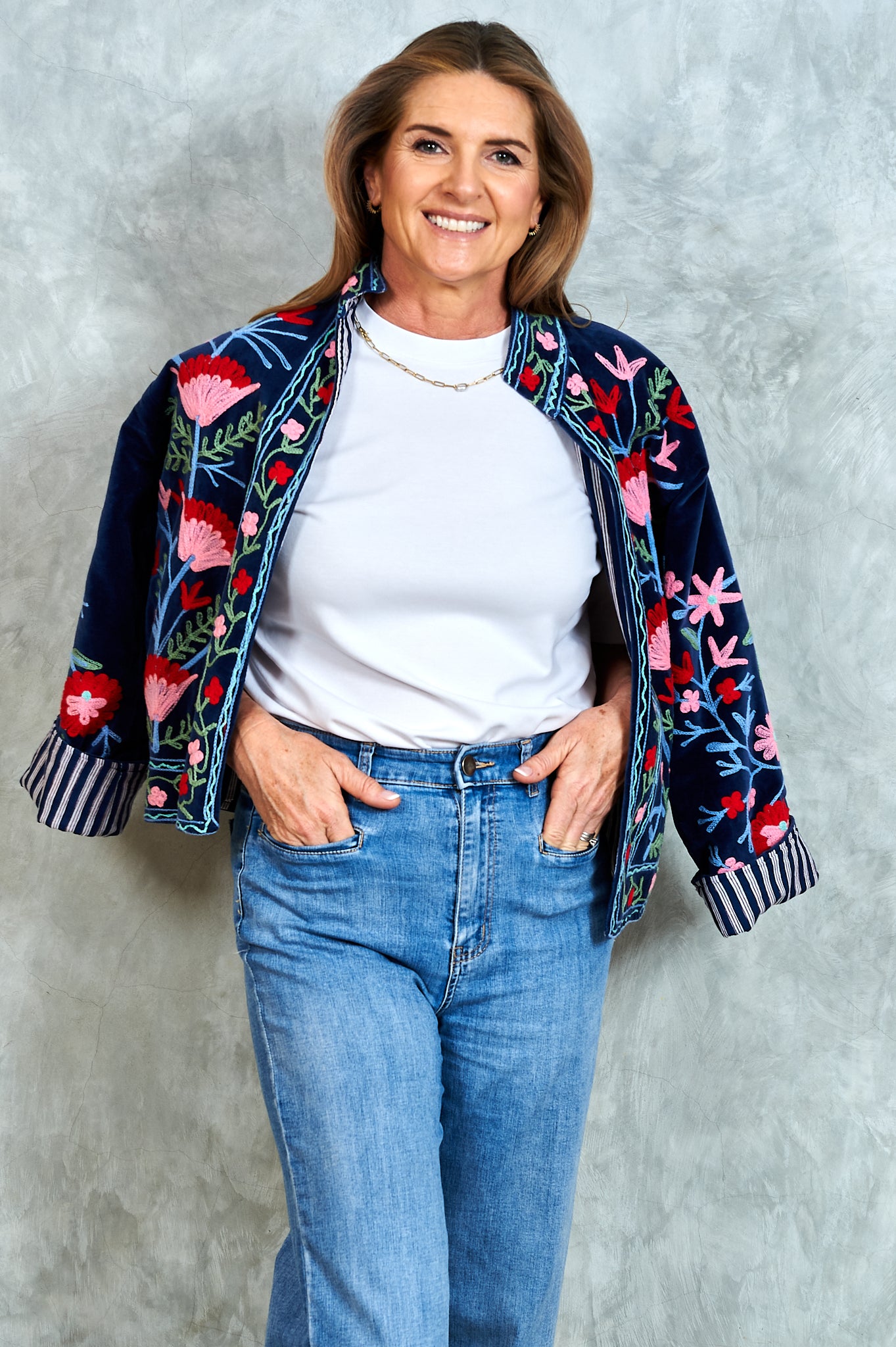 Suswani Velvet Jacket - Navy with Red and Pink Flowers, Navy and Brown Lining