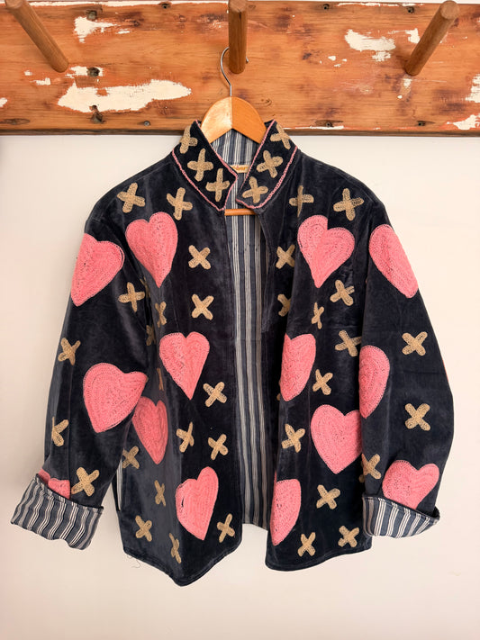 Suswani Velvet Jacket - Hearts Navy & Pink