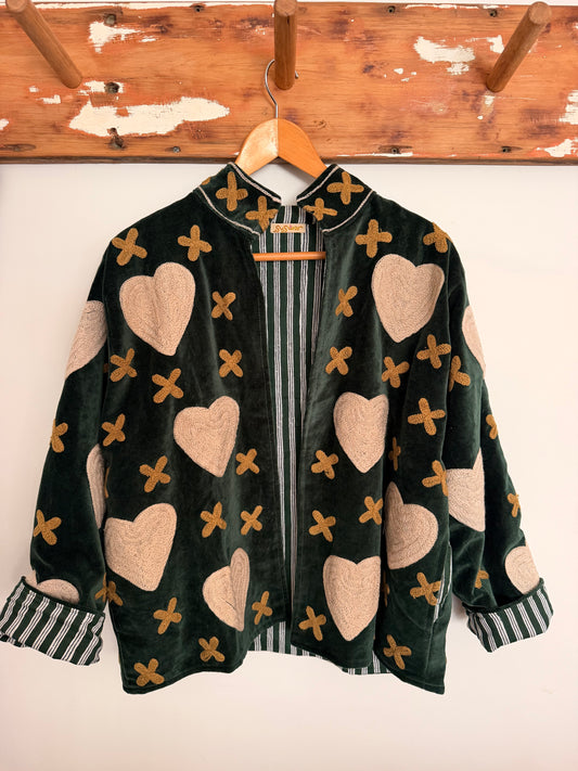 Suswani Velvet Jacket - Hearts Bottle Green & Parchment