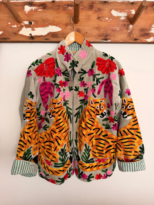 Suswani Velvet Jacket - Soft Grey Green Tiger