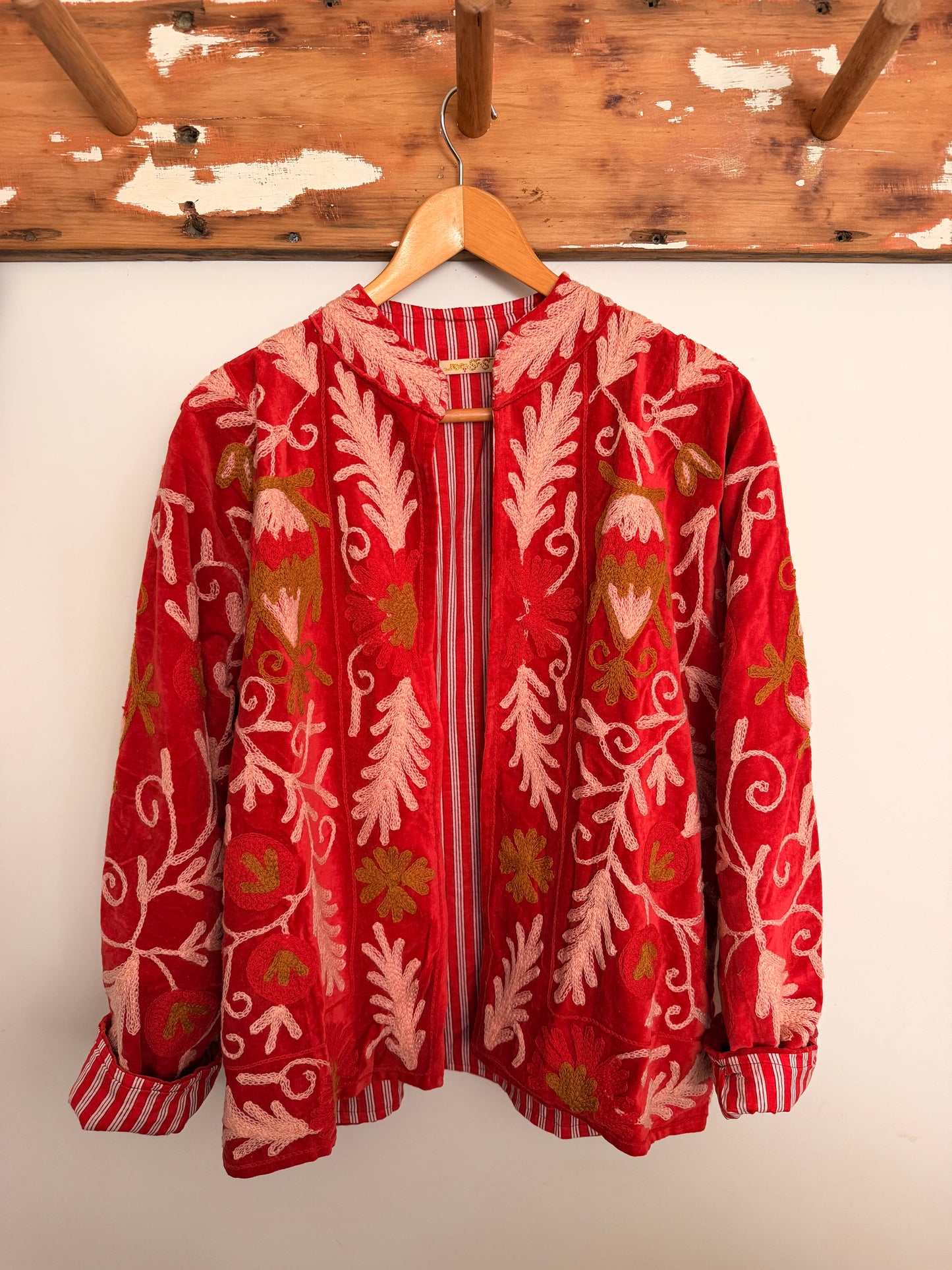 Suswani Velvet Jacket - Red Floral with Gold