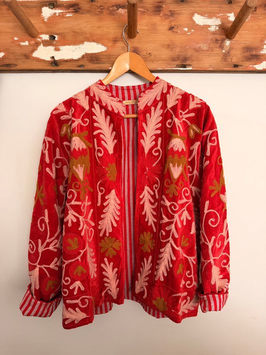 Suswani Velvet Jacket - Red Floral with Gold