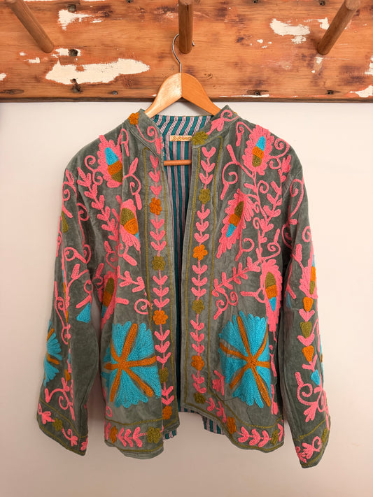 Suswani Velvet Jacket - Green Tea Floral