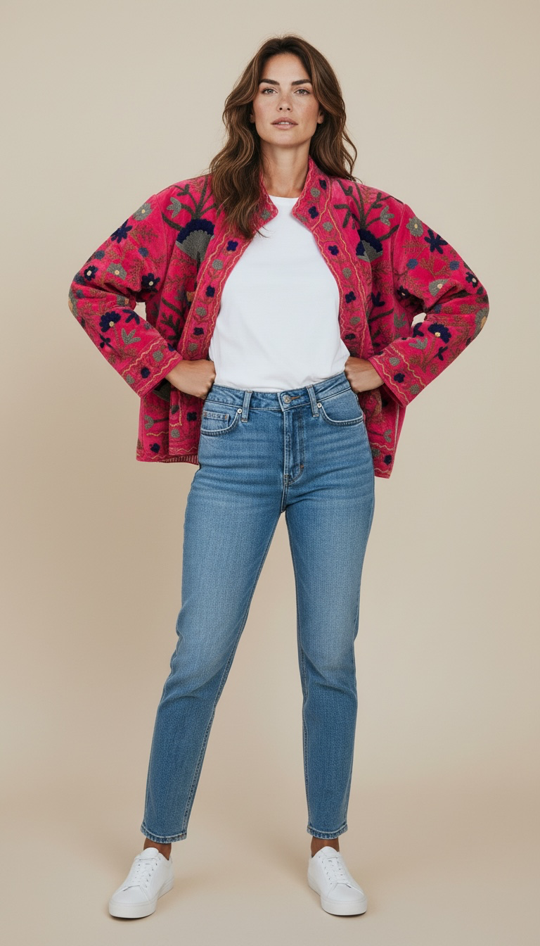 Suswani Velvet Jacket - Bright Pink Floral