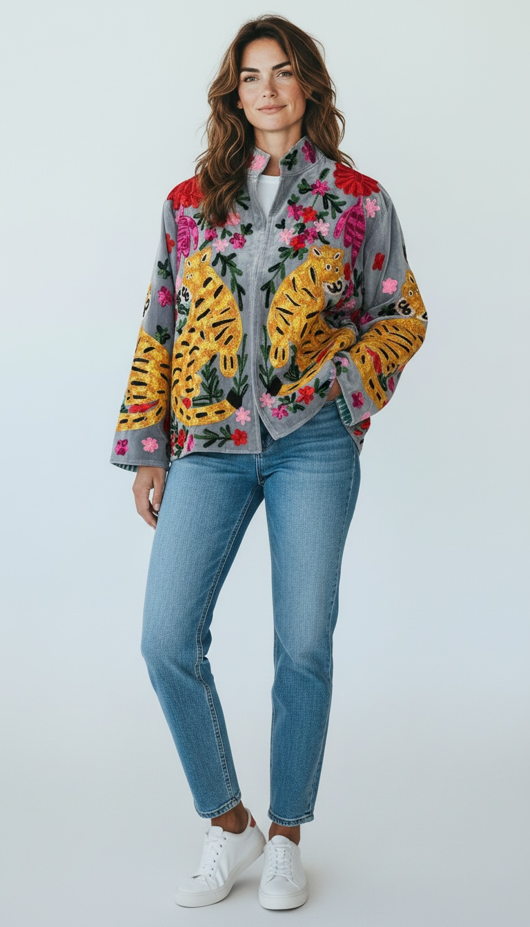 Suswani Velvet Jacket - Grey Tiger