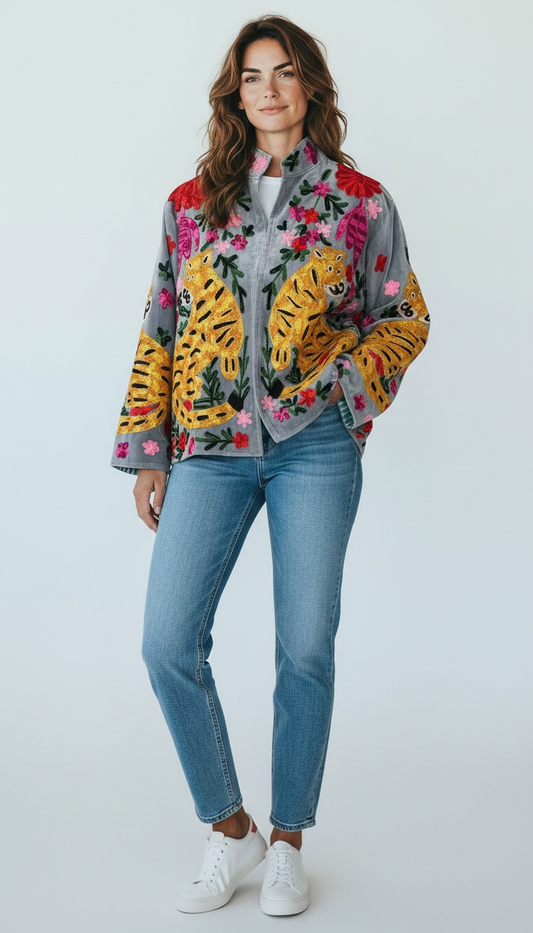 Suswani Velvet Jacket - Grey Tiger