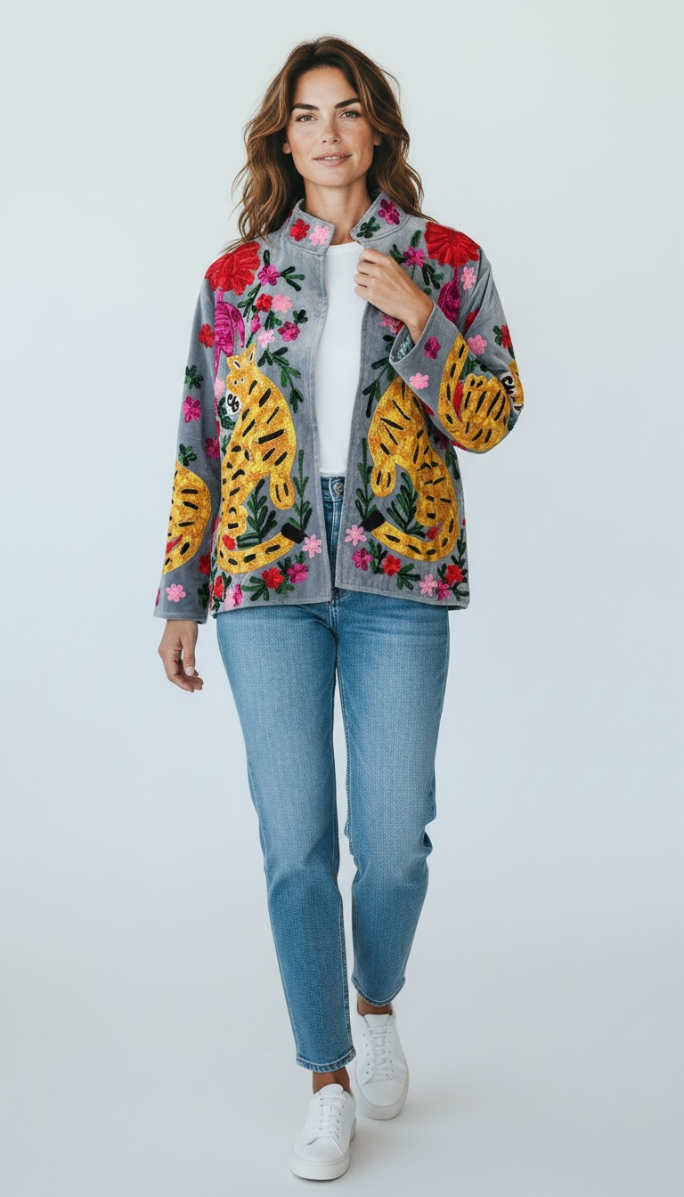Suswani Velvet Jacket - Grey Tiger