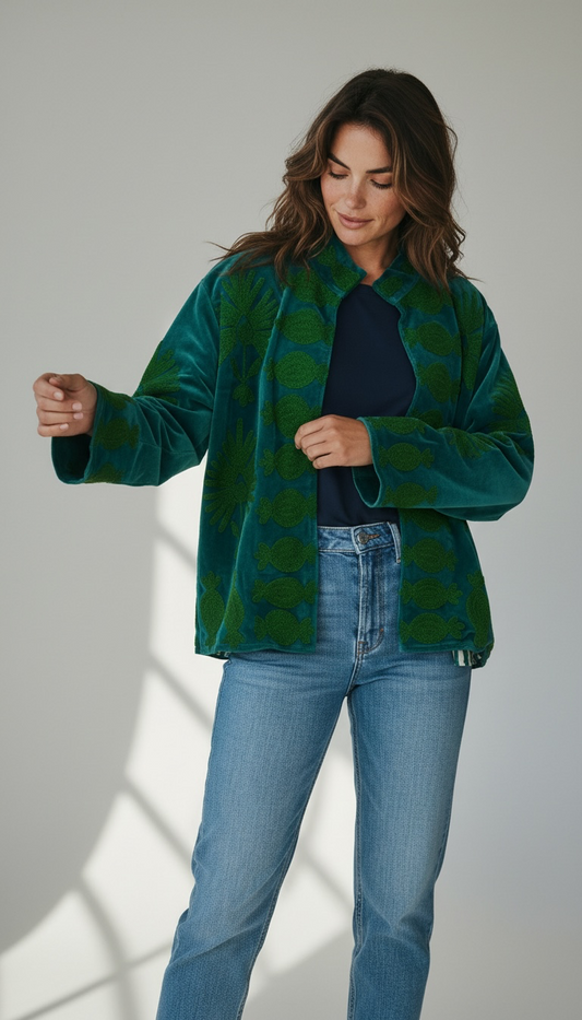 Suswani Velvet Jacket - Teal Green with Forest green