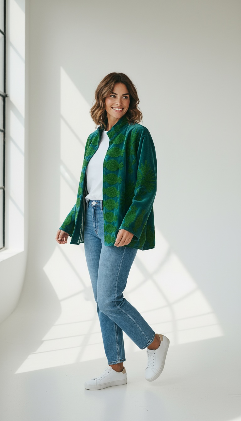 Suswani Velvet Jacket - Teal Green with Forest green