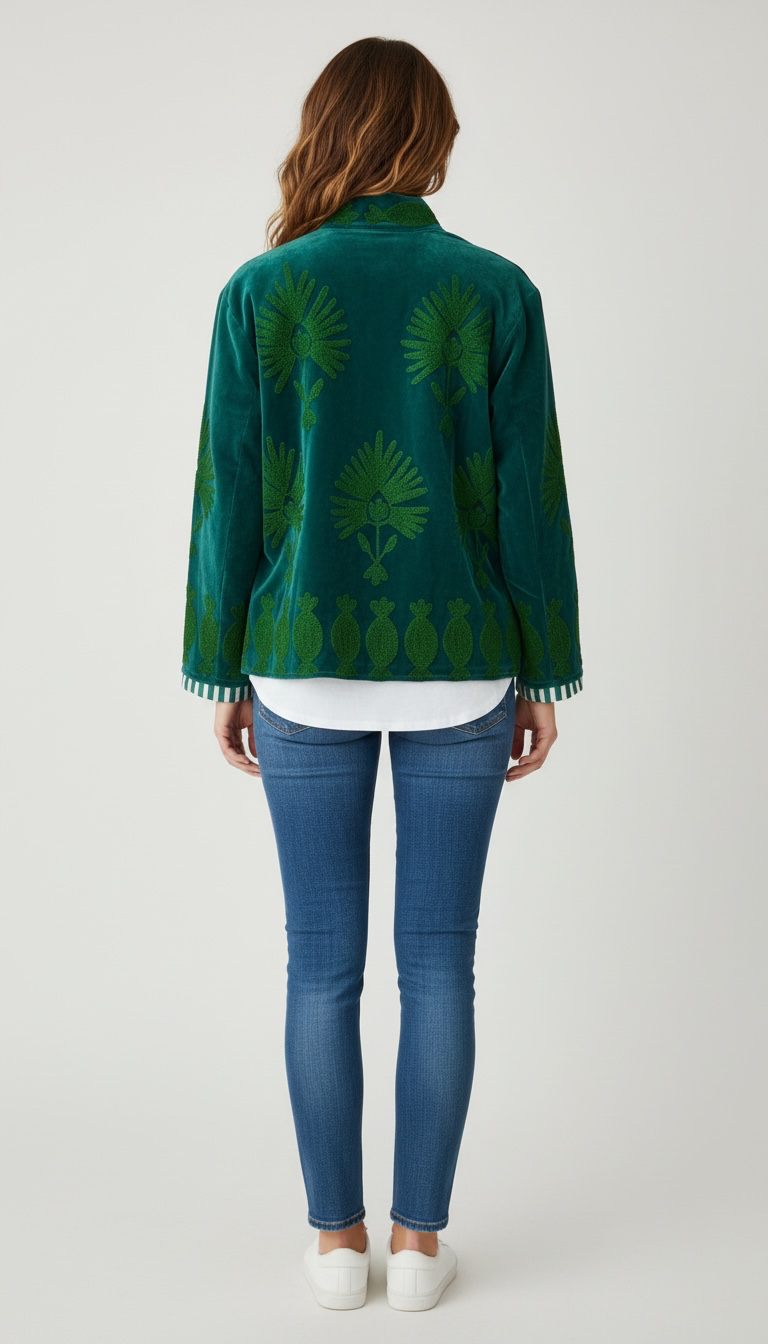 Suswani Velvet Jacket - Teal Green with Forest green