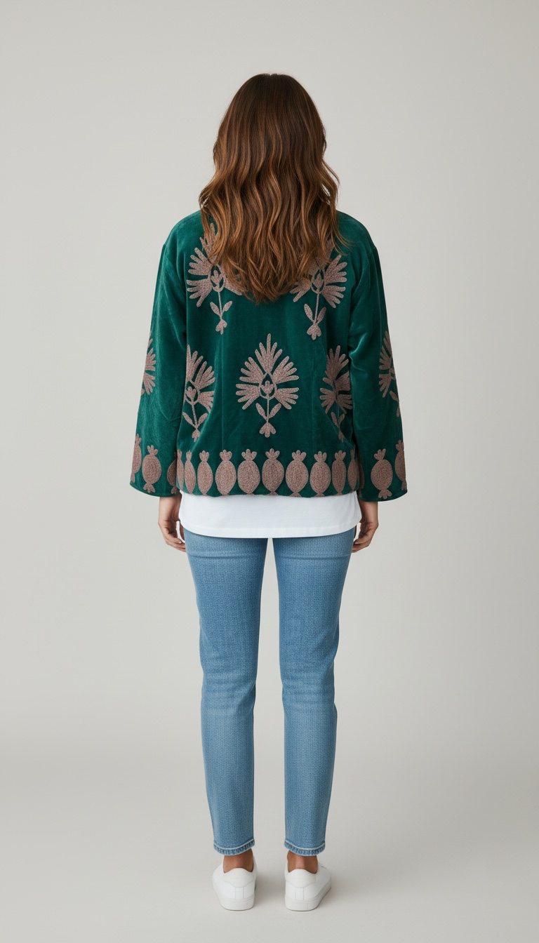 Suswani Velvet Jacket - Green with Lilac Purple