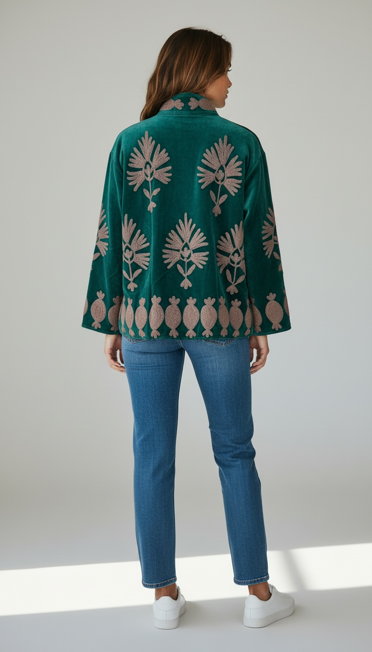 Suswani Velvet Jacket - Green with Lilac Purple