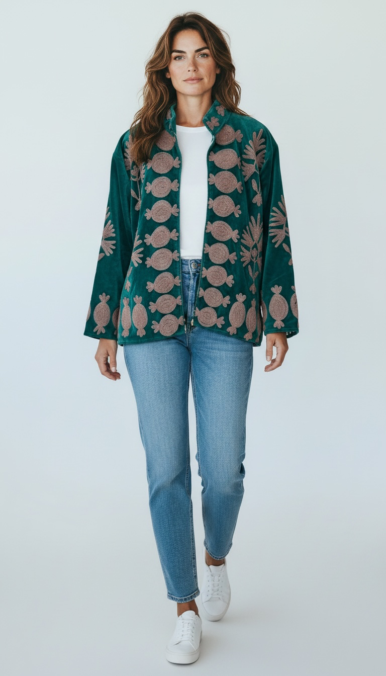Suswani Velvet Jacket - Green with Lilac Purple