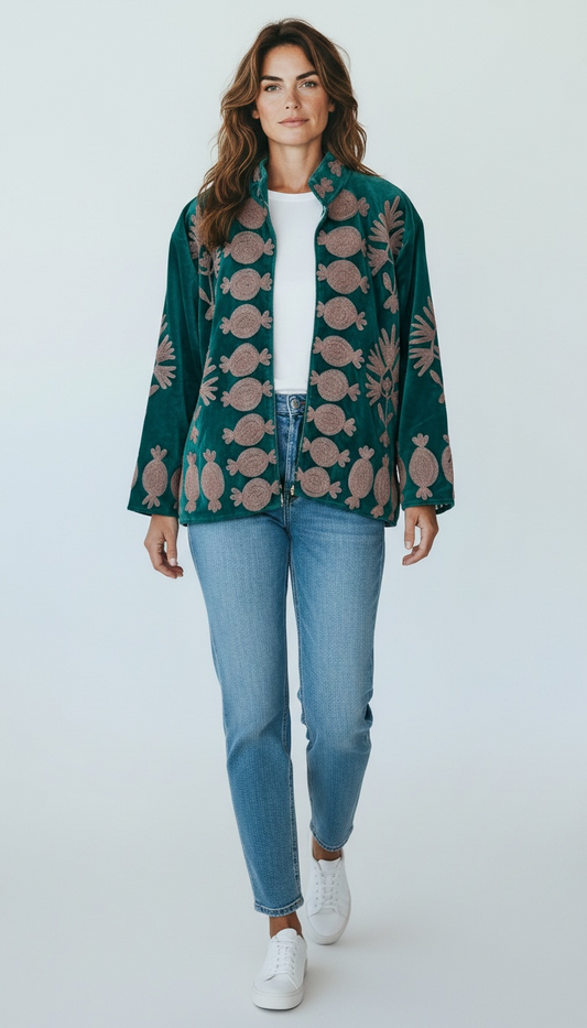 Suswani Velvet Jacket - Green with Lilac Purple