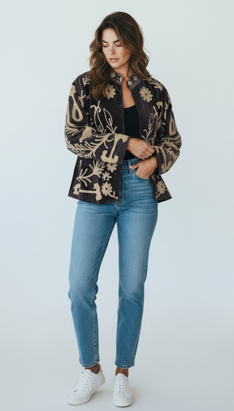 Suswani Velvet Jacket - Charcoal with Warm Beige