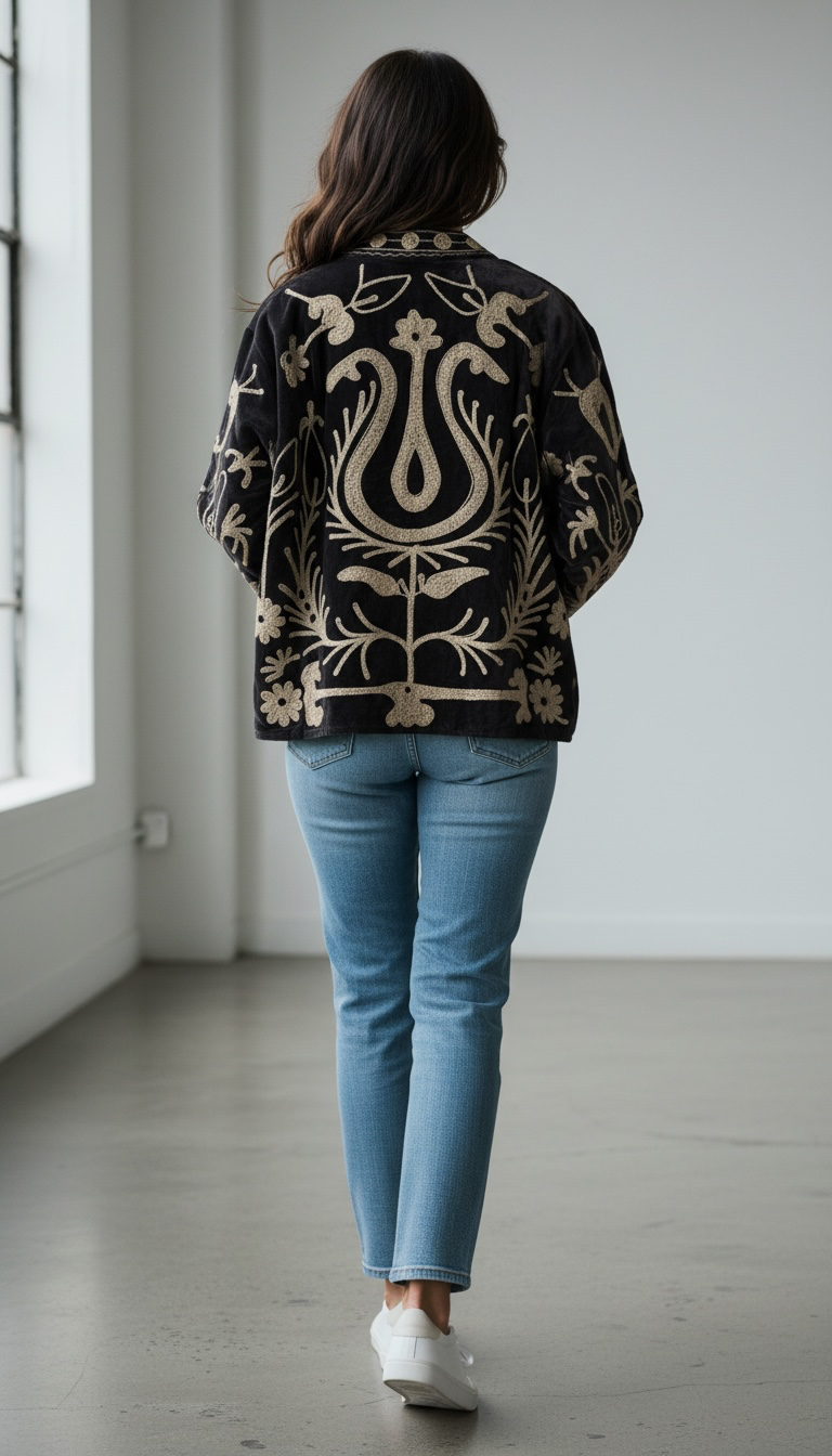 Suswani Velvet Jacket - Charcoal with Warm Beige