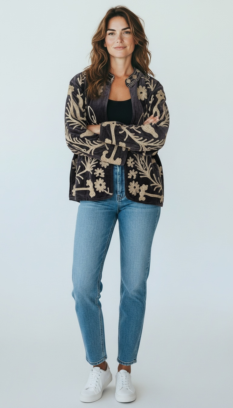 Suswani Velvet Jacket - Charcoal with Warm Beige