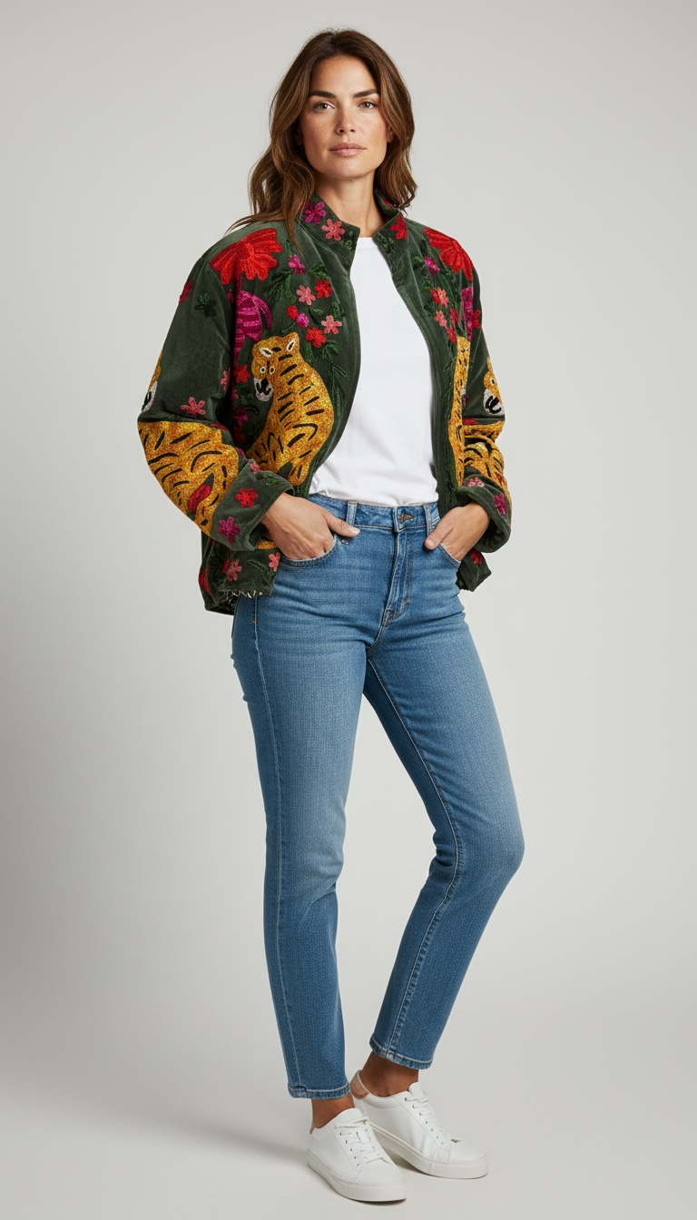Suswani Velvet Jacket - Forest Green Tiger