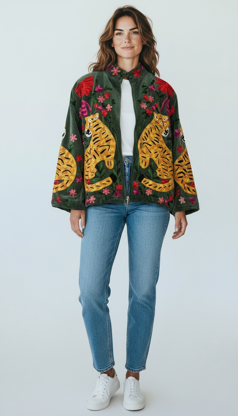 Suswani Velvet Jacket - Forest Green Tiger