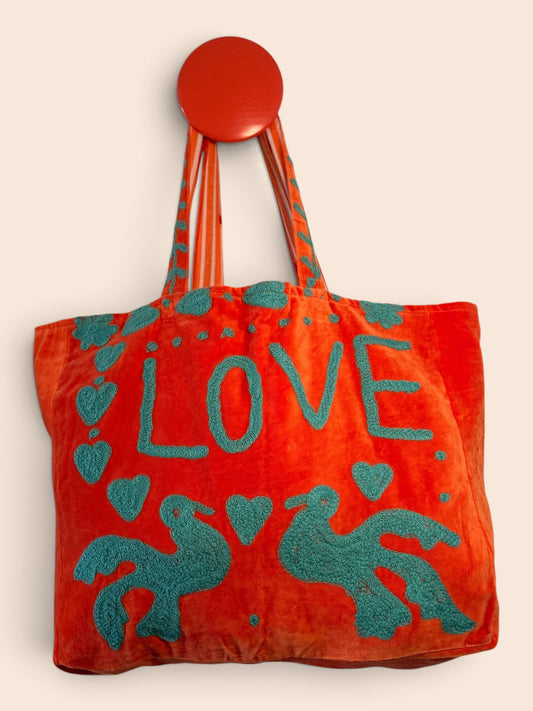 Velvet Suswani Bag - Bright Orange and Mint