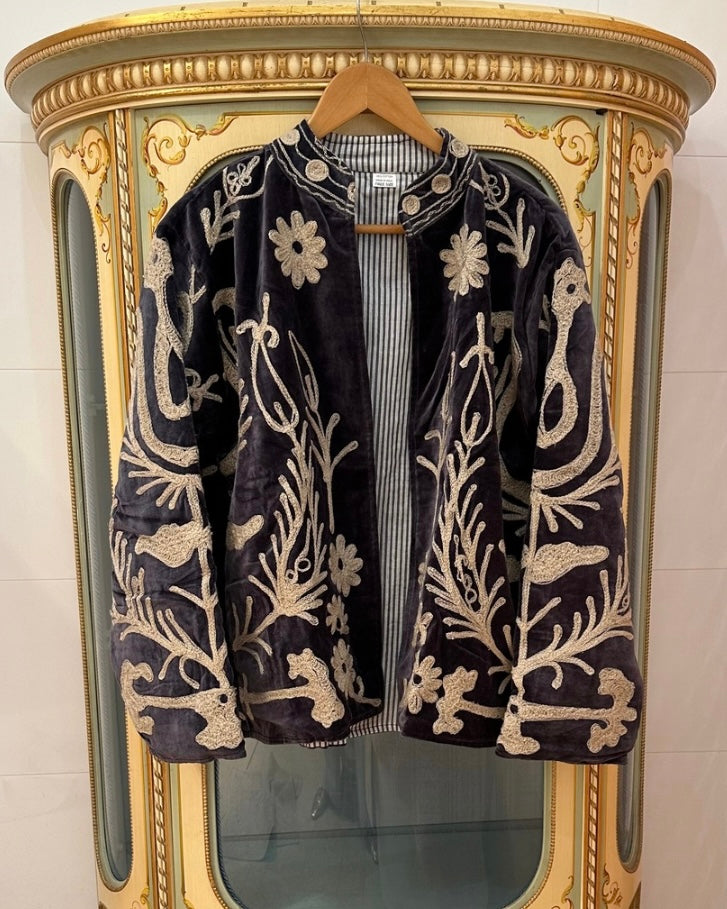 Suswani Velvet Jacket - Charcoal with Warm Beige