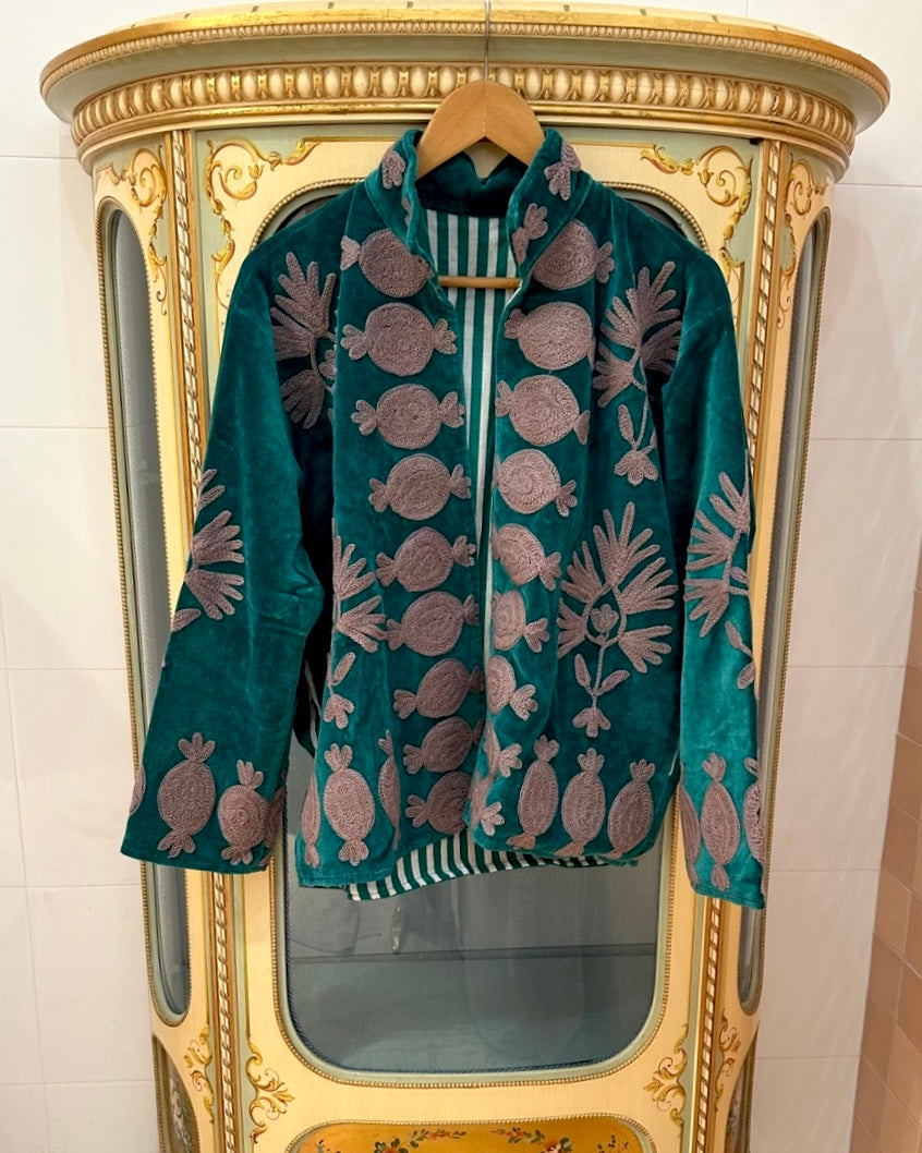 Suswani Velvet Jacket - Green with Lilac Purple