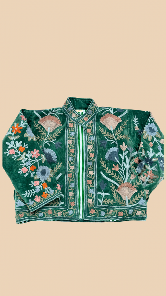 Suswani Velvet Jacket - Forest Green with Green Stripes