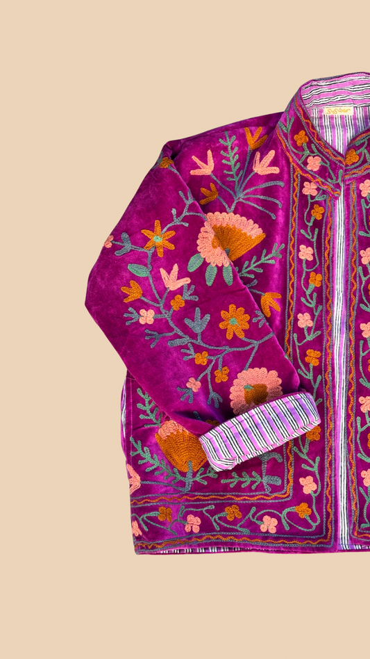 Suswani Velvet Jacket - Fuchsia Pink with Pink Stripes