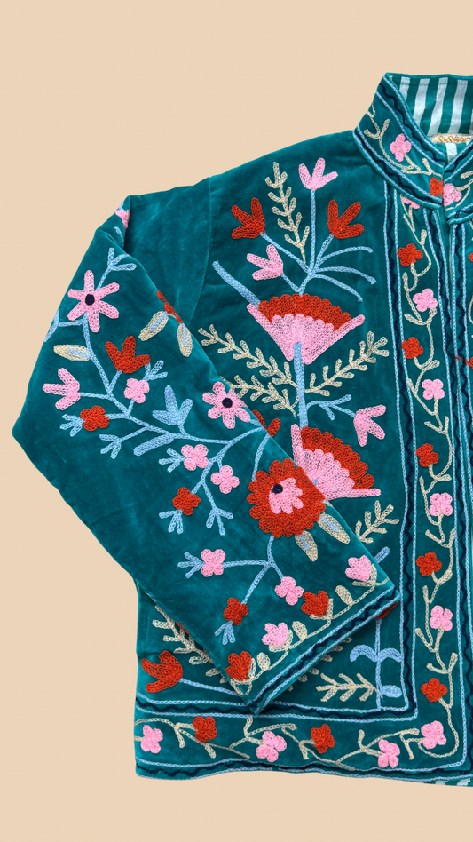 Suswani Velvet Jacket - Bright Teal Green with Green Stripes