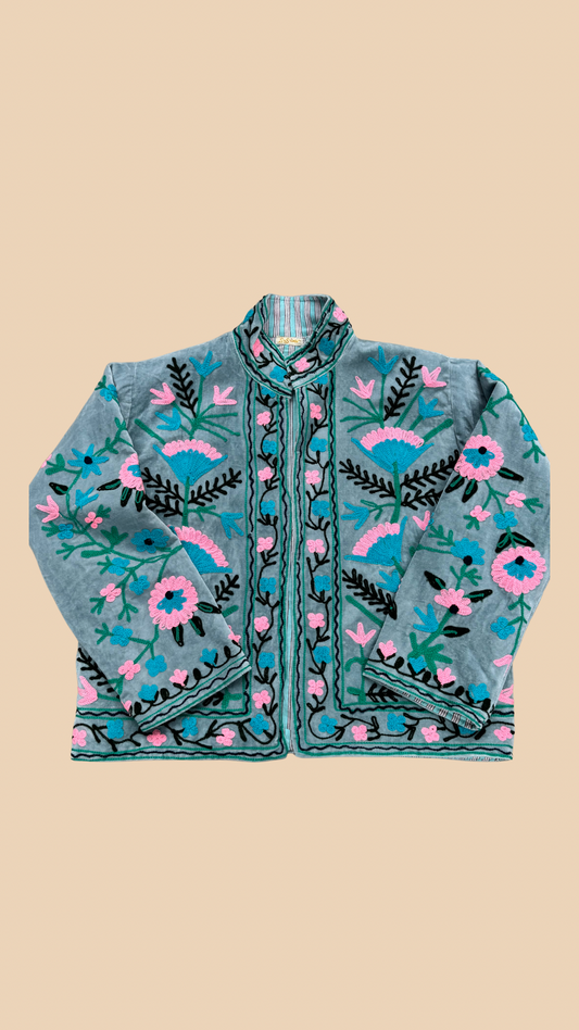 Suswani Velvet Jacket - Duck Egg Blue with Aqua Stripes