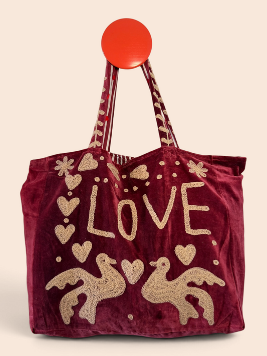 Velvet Suswani Bag - Crimson and Cream
