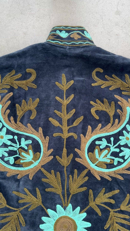 Suswani Velvet Jacket - Navy Blue with Charcoal Stripes